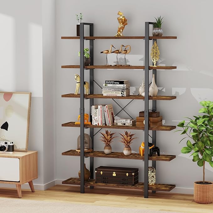 FRAPOW Bookshelf, 6 Tier Book Shelf 83Inch Tall Bookcase, Industrial Large Bookshelves Rustic Book Case with Open Metal Frame for Office, Bedroom, Farmhouse, Living Room - LeafyLoom