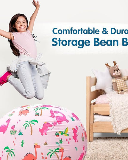 Lukeight Stuffed Animal Storage Bean Bag Chair Cover for Kids, Dinosaur Zipper Beanbag Chair Cover for Organizing Toddler & Kids' Rooms Plush Toys (Dinosaur Blush, X-Large) - LeafyLoom