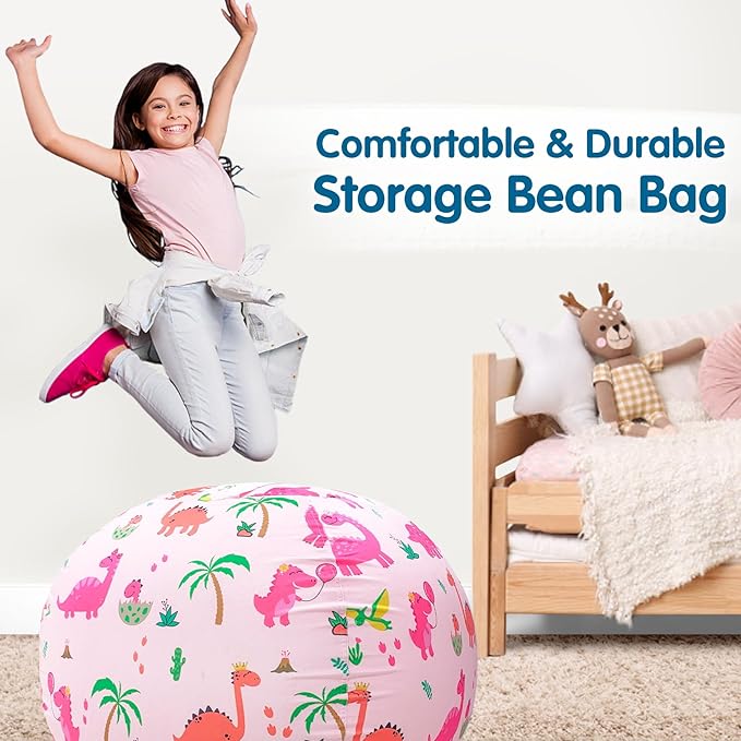 Lukeight Stuffed Animal Storage Bean Bag Chair Cover for Kids, Dinosaur Zipper Beanbag Chair Cover for Organizing Toddler & Kids' Rooms Plush Toys (Dinosaur Blush, X-Large) - LeafyLoom