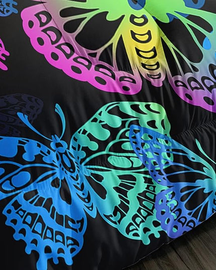 Axolotl Colorful Butterflies Bedding Set,Queen Size Kids Bed Set,Gradient Butterfly Comforter Set,1 Quilt with 2 Pillowcases for Boys Girls Kids Teens Children Adults Room Decor All Season,Black - LeafyLoom