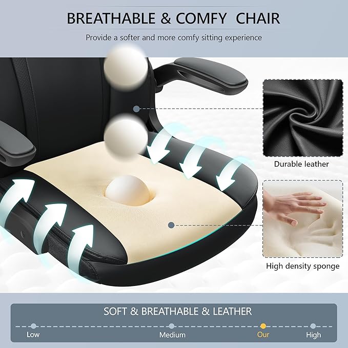 Office Chair Ergonomic Computer Desk Chair, Executive Leather Office Chair with Adjustable Flip-up Armrests Height, Swivel Task Chair with Lumbar Support Rocking Function for Home Office(Black) - LeafyLoom
