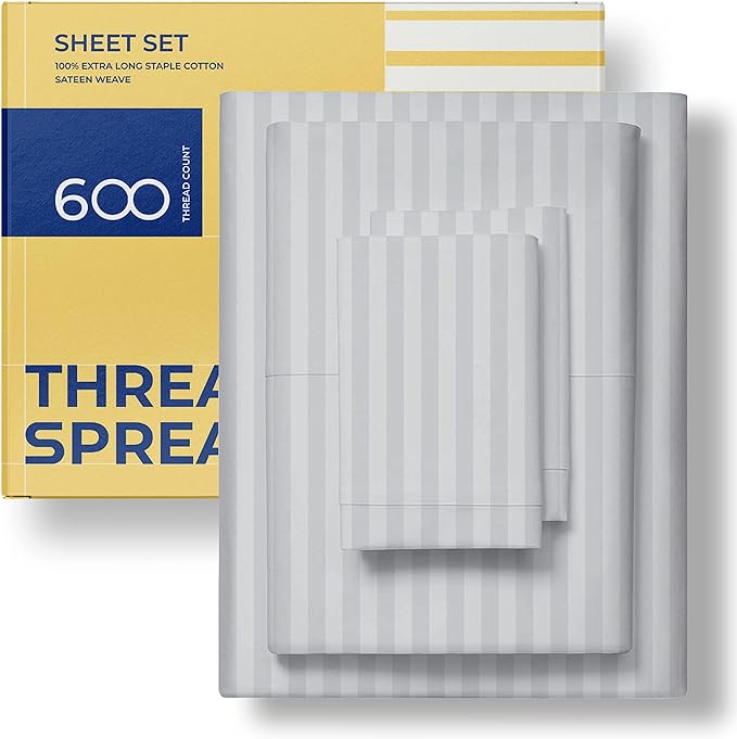 THREAD SPREAD Luxury Egyptian Cotton California King Stripe Sheet Set, 600 Thread Count Extra Long Staple 4 PC Set, Cal King Stripe Sheets, Soft, Cooling Striped Sheets Upto 18" Deep Pocket - Silver - LeafyLoom