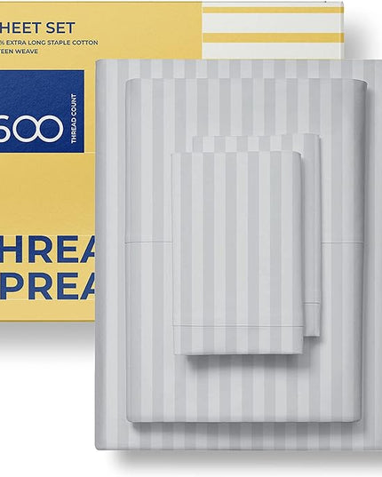 THREAD SPREAD Striped Egyptian Cotton Sheets Twin XL Size - 600 Thread Count 3 PC Damask Twin XL Sheets Deep Pockets, Sateen Weave College Dorm Bedding Twin XL, Fits Mattress upto 18" - Silver Stripe - LeafyLoom