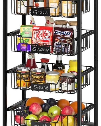 Kitchen Storage Cart with Wheels, 5-Tier Metal Utility Rolling Cart Fruit Vegetable Storage Basket Pantry Rack with Wood Top & Pull Out Baskets for Kitchen, Livingroom, Diningroom, Office - LeafyLoom