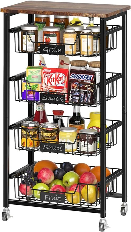 Kitchen Storage Cart with Wheels, 5-Tier Metal Utility Rolling Cart Fruit Vegetable Storage Basket Pantry Rack with Wood Top & Pull Out Baskets for Kitchen, Livingroom, Diningroom, Office - LeafyLoom