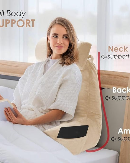 Nestl Reading Pillow with Portable Laptop Lap Desk, Velvet Feel Back Pillow for Sitting in Bed, Shredded Memory Foam Back Support Pillow for Bed, Bed Rest Pillow with Arms, Large - Cream - LeafyLoom