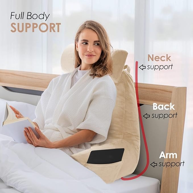 Nestl Reading Pillow with Portable Laptop Lap Desk, Velvet Feel Back Pillow for Sitting in Bed, Shredded Memory Foam Back Support Pillow for Bed, Bed Rest Pillow with Arms, Large - Cream - LeafyLoom