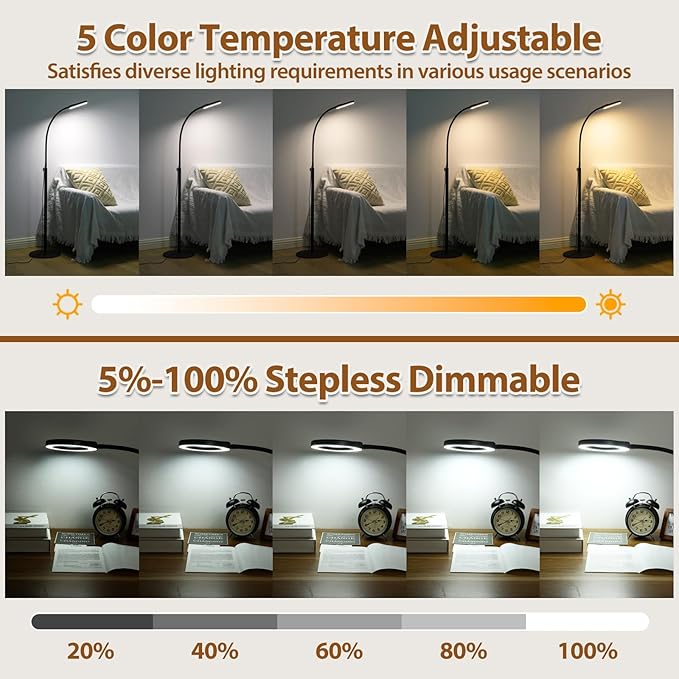 5X Magnifying Glass with Light and Stand, Krstlv 24" Flexible Gooseneck Magnifying Floor Lamp, 3-in-1 LED 5 Color Modes Stepless Dimmable Lighted Magnifier Hands Free for Close Work, Hobby, Esthetican - LeafyLoom