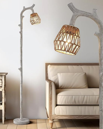 OYEARS Retro Farmhouse Rattan Floor Lamp for Living Room Rustic Standing Lamps Tree Trunk Deco Modern Country Vintage Wood Grain 64.25" Tall Corner Floor Lamp Bedroom Office - LeafyLoom
