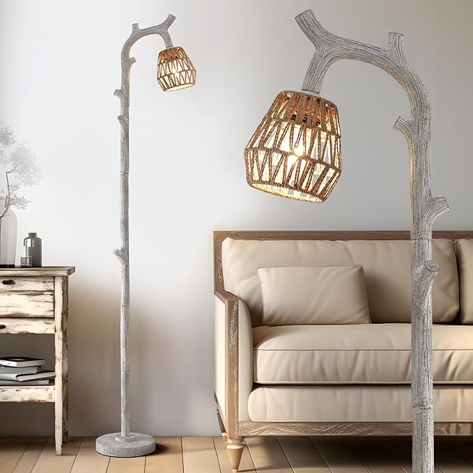 OYEARS Retro Farmhouse Rattan Floor Lamp for Living Room Rustic Standing Lamps Tree Trunk Deco Modern Country Vintage Wood Grain 64.25" Tall Corner Floor Lamp Bedroom Office - LeafyLoom