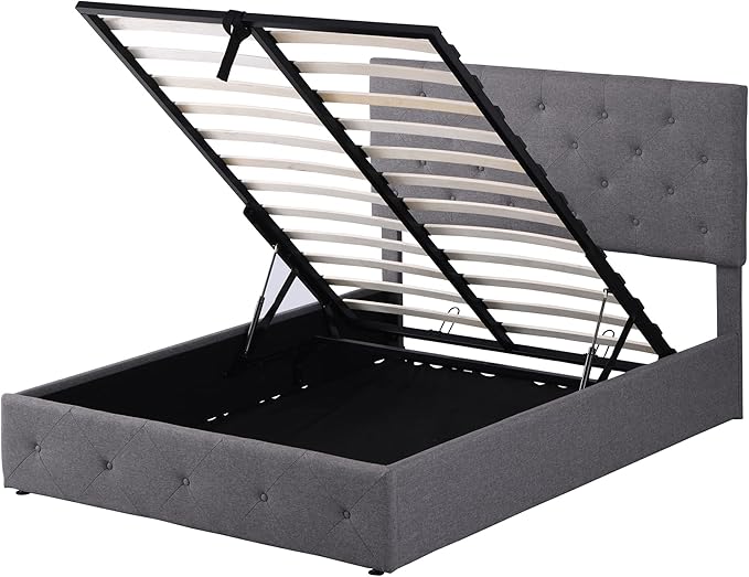Full Upholstered Platform Hydraulic System, Lift Up Storage Bed Size with Headboard and Button Tufted, Wooden Bedframe for Teens Adults, B-Gray b - LeafyLoom