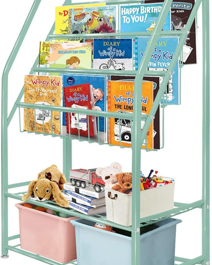 aboxoo Metal Kids Bookshelf Green Bookcase Freestanding for Children Room 24 in Toy Organizer Green Stable Bookcase Bookstore Library Book Unit Storage - LeafyLoom