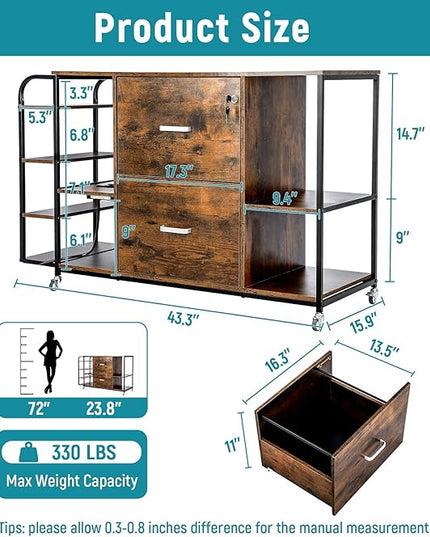 Lateral File Cabinet, 2 Drawer Mobile Filing Cabinet with Outlet, Open Storage Side Shelves, Locking Drawer Fits A4/Letter/Legal Size File Cabinets for Home Office, Brown - LeafyLoom