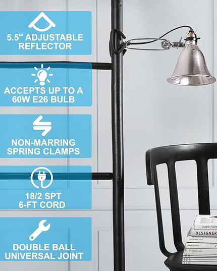 Simple Deluxe Clamp Lamp Light 60 Watt with 5.5 Inch Aluminum Reflector (no Bulb Included), 6 Feet Cord, 2 Pack, Black - LeafyLoom