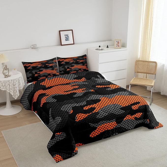 Erosebridal Army Camouflage Comforter Set Queen Size Teens Adult Camo Bedding Set for Kids Boys Girls Colorful Pattern Decor Down Comforter Orange Black Grey Duvet Set Geometric Pattern Quilt Set - LeafyLoom