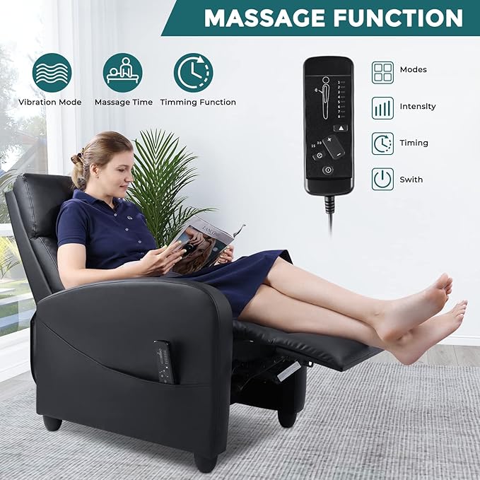 Recliner Chair for Adults, Massage Reclining Chair for Living Room, Adjustable Modern Recliners Chair, Home Theater Seating Single Sofa Recliner with Padded Seat Backrest (Deep Black) - LeafyLoom