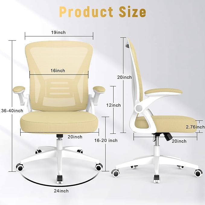 naspaluro Ergonomic Office Chair, Mid Back Desk Chair with Adjustable Height, Flip-Up Arms and Lumbar Support, Breathable Mesh Swivel Computer Chair for Home Study Working/Light Yellow - LeafyLoom