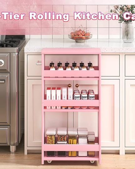 MARTY Rolling Storage Cart 7.9" W, Pink 4-Tier Wood Slim Kitchen Cart on Wheels, Laundry Room Organization with Handle Mobile Bookshelf Utility Cart Trolley for Kitchen Bathroom - LeafyLoom