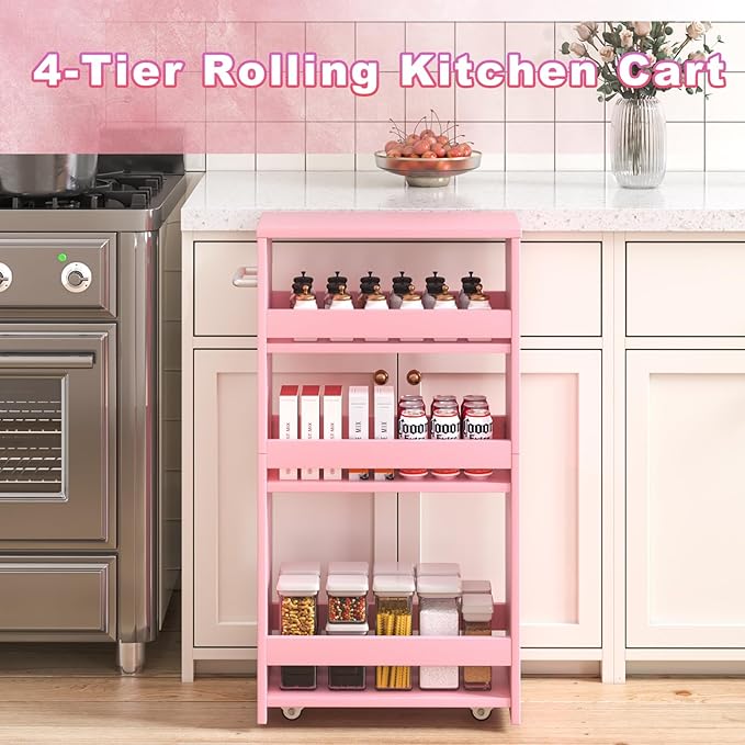 MARTY Rolling Storage Cart 7.9" W, Pink 4-Tier Wood Slim Kitchen Cart on Wheels, Laundry Room Organization with Handle Mobile Bookshelf Utility Cart Trolley for Kitchen Bathroom - LeafyLoom