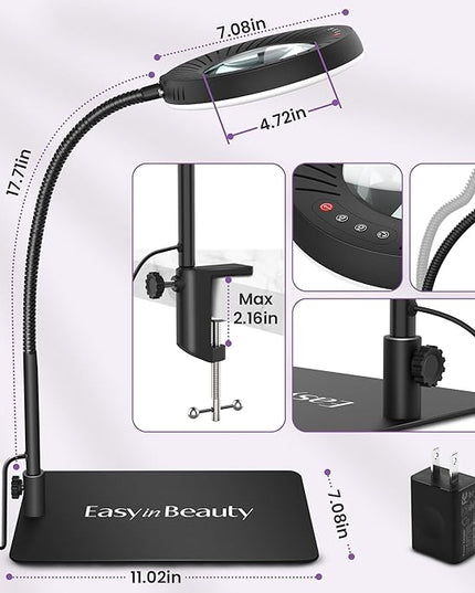 EASYINBEAUTY 10X Magnifying Glass with Light and Stand, 5 Color Modes & 9-Level Dimmable, 2-in-1 LED Magnifying Desk Lamp with Clamp, Gooseneck Magnifying Light for Crafts Hands Free, Close Work, Read - LeafyLoom