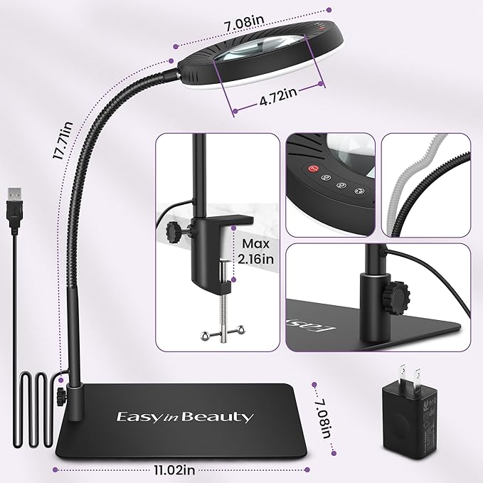 EASYINBEAUTY 10X Magnifying Glass with Light and Stand, 5 Color Modes & 9-Level Dimmable, 2-in-1 LED Magnifying Desk Lamp with Clamp, Gooseneck Magnifying Light for Crafts Hands Free, Close Work, Read - LeafyLoom