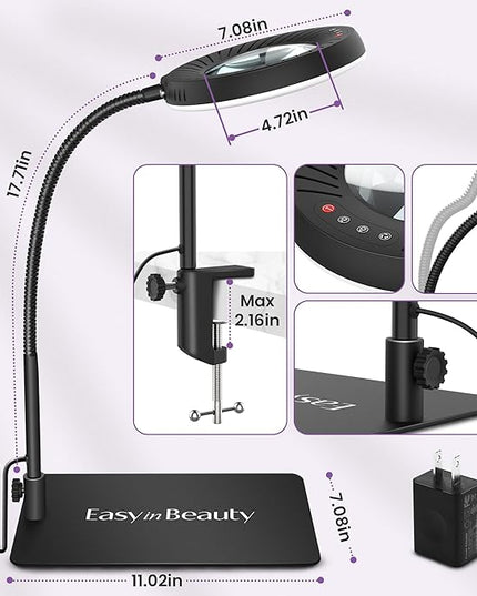 EASYINBEAUTY 8X Magnifying Glass with Light and Stand, 5 Color Modes & 9-Level Dimmable, 2-in-1 LED Magnifying Desk Lamp with Clamp, Gooseneck Magnifying Light for Crafts Hands Free, Close Work, Read - LeafyLoom