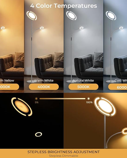 FIMEI 3 in 1 Floor Lamp, Modern Bright Standing Lamp with Split Rotatable Outer Ring Light and Small Reading Light, 4 Color and Dimmable, 3-Way Independent Control for Living Room Office, Gray - LeafyLoom