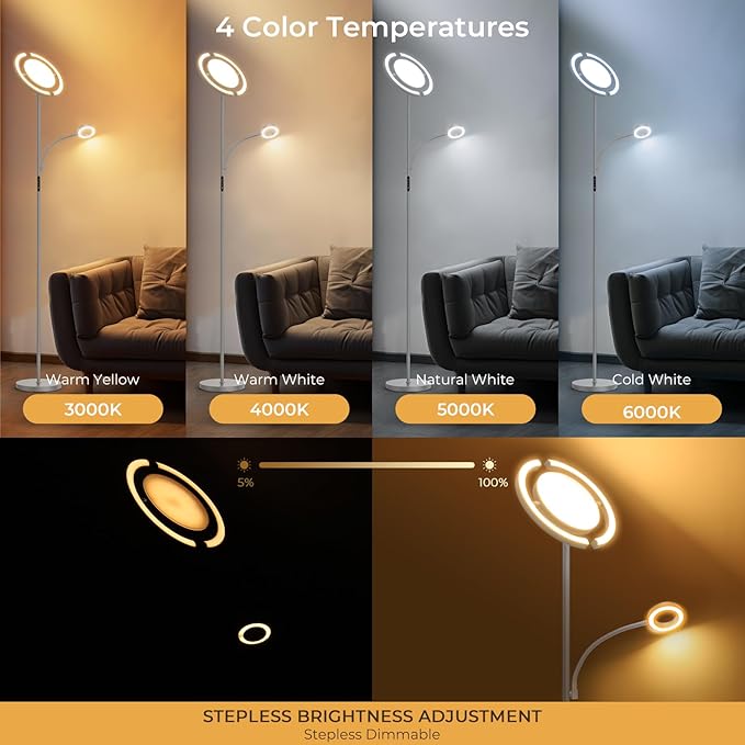 FIMEI 3 in 1 Floor Lamp, Modern Bright Standing Lamp with Split Rotatable Outer Ring Light and Small Reading Light, 4 Color and Dimmable, 3-Way Independent Control for Living Room Office, Gray - LeafyLoom