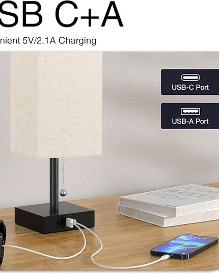 aooshine Bedside Lamps Set of 2 - Beige, USB A and USB C Charging, Pull Chain Control, Bulb NOT Included, Small - LeafyLoom