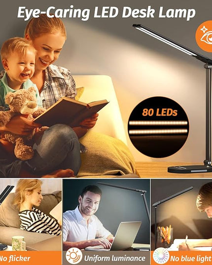LED Desk Lamps for Home Office, Dual Swing Arm Desk Light, Dimmable Desk Lamp with USB Charging Port, Office Lamp with Night Light, 1H Timer, 5 Color Modes 5 Brightness Levels, Eye-Caring Table Lamp - LeafyLoom