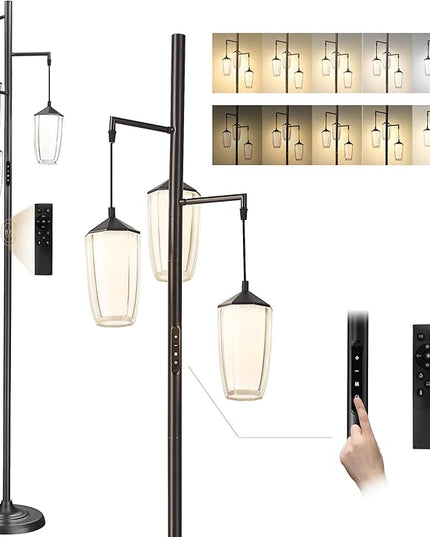 ELYONA Modern Dimmable Floor Lamp, 3-Light Standing Lamp with Remote & Touch Control, Stepless Adjustable 2200K-6500K Colors & Brightness 24W LED Reading Light for Bedroom Living Room Office, Black - LeafyLoom