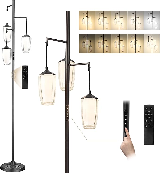 ELYONA Modern Dimmable Floor Lamp, 3-Light Standing Lamp with Remote & Touch Control, Stepless Adjustable 2200K-6500K Colors & Brightness 24W LED Reading Light for Bedroom Living Room Office, Black - LeafyLoom