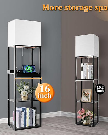 Dott Arts Floor Lamp with Shelves, wide Shelf Lamp with Wireless Charger & USB A+C Ports & 2 AC Outlets,3 Color Temperature Corner Tall Standing Floor Lamps for Living Room, Bedroom, Office (Black) - LeafyLoom