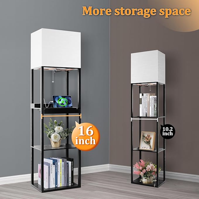 Dott Arts Floor Lamp with Shelves, wide Shelf Lamp with Wireless Charger & USB A+C Ports & 2 AC Outlets,3 Color Temperature Corner Tall Standing Floor Lamps for Living Room, Bedroom, Office (Black) - LeafyLoom