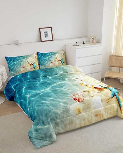 Ocean Comforter Set Full Beach Bedding Set Coastal Nature Theme Pattern Teal Duvet Set Boys Girls Hawaiian Quilt Sets Sea Wave Animals Starfish Reversible Comforter Set 2 Pillowcases, Blue Room Decor - LeafyLoom