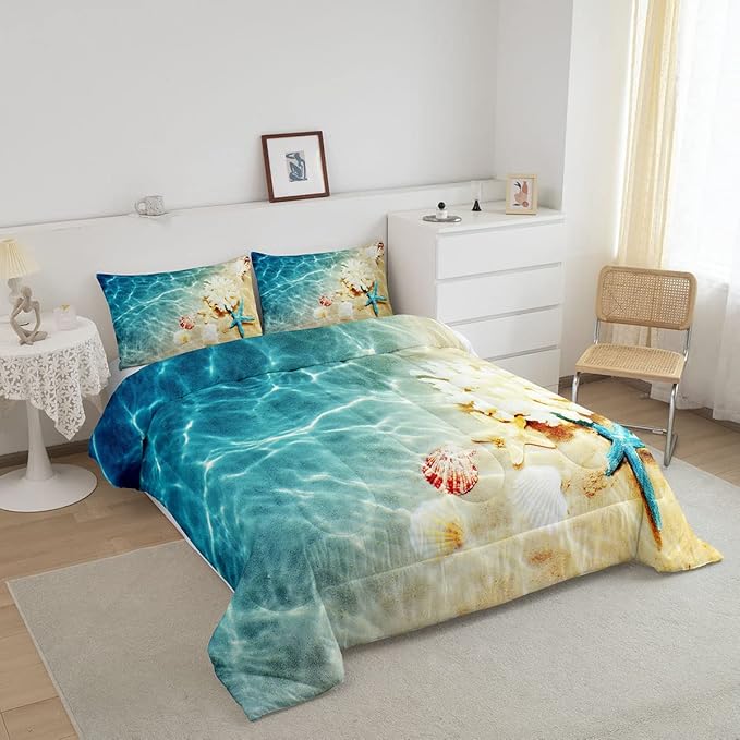 Ocean Comforter Set Full Beach Bedding Set Coastal Nature Theme Pattern Teal Duvet Set Boys Girls Hawaiian Quilt Sets Sea Wave Animals Starfish Reversible Comforter Set 2 Pillowcases, Blue Room Decor - LeafyLoom