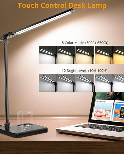 Desk Lamp, Dual Head Desk Light, 5 Lighting Colors & 10 Brightness Reading Light, LED Desk Lamp for Home Office, Table Lamp for Bedroom Desktop, Study, Craft (Black, with Adapter) - LeafyLoom