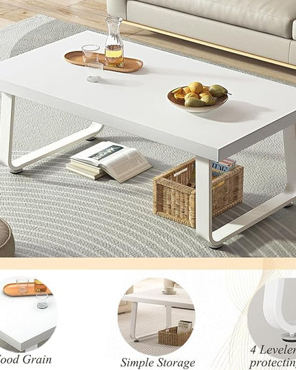 HSH White Coffee Table, Modern Simple Rectangle Living Room Table, Industrial Wood and Metal Legs Center Table for Bedroom, Farmhouse Minimalist Wooden Cocktail Tea Coffee Table, White Oak, 47 Inch - LeafyLoom