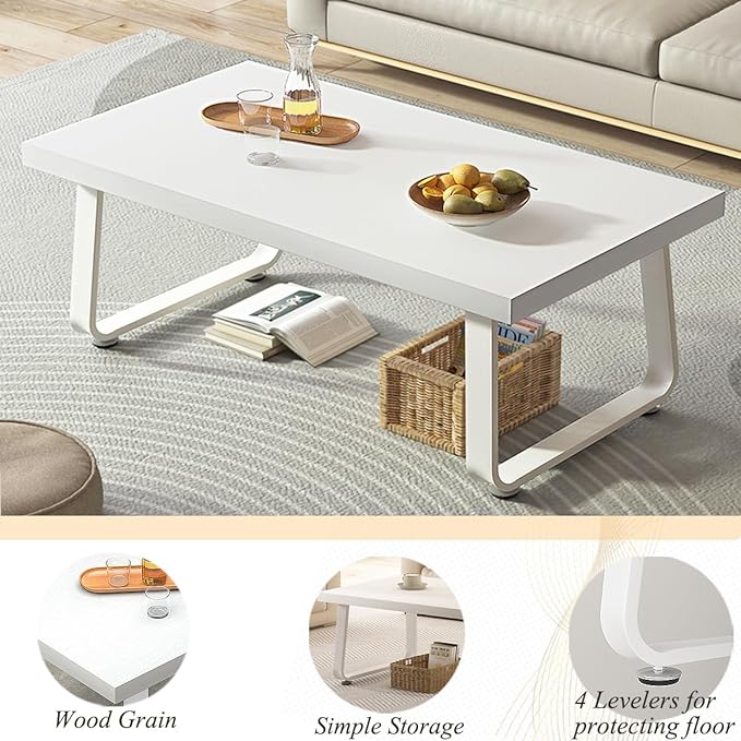 HSH White Coffee Table, Modern Simple Rectangle Living Room Table, Industrial Wood and Metal Legs Center Table for Bedroom, Farmhouse Minimalist Wooden Cocktail Tea Coffee Table, White Oak, 47 Inch - LeafyLoom