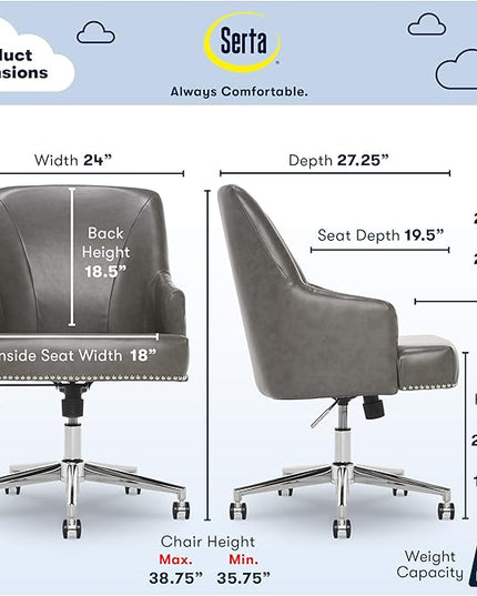 Serta Leighton Modern Office Chair, Stylish Mid-Back Desk Chair, Rivet Detail, Serta Quality Memory Foam, Armchair with Wheels, Vanity Chair, Swivel Chrome Metal Base, Bonded Leather, Gray - LeafyLoom
