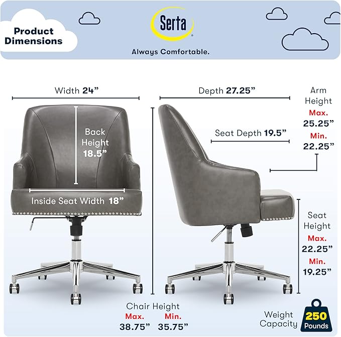 Serta Leighton Modern Office Chair, Stylish Mid-Back Desk Chair, Rivet Detail, Serta Quality Memory Foam, Armchair with Wheels, Vanity Chair, Swivel Chrome Metal Base, Bonded Leather, Gray - LeafyLoom
