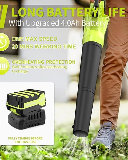 Leaf Blower 20V Leaf Blower Cordless with 4.0Ah Battery and Charger, High Power 400 CFM Electric Leaf Blower, Lightweight Handheld Cordless Blower for Lawn Care Yard Patio Garden Leaves Snow (Green) - LeafyLoom