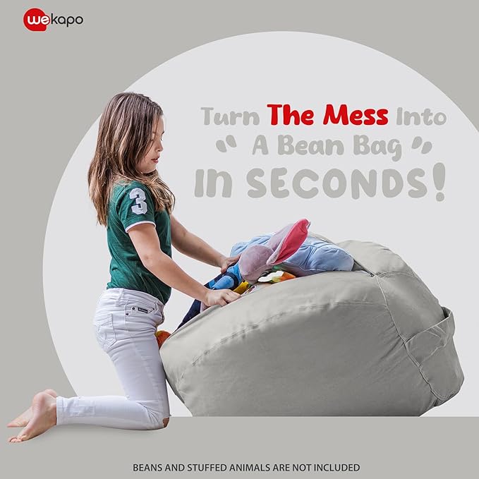 Wekapo Stuffed Animal Storage Bean Bag Chair Cover for Kids | Stuffable Zipper Beanbag for Organizing Children Plush Toys Large Premium Cotton Canvas (Solid Grey, X-Large) - LeafyLoom