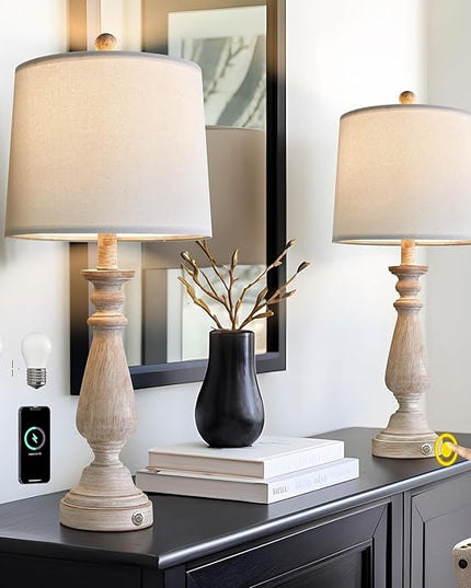 PORTRES 25.75" 3 - Way Dimmable Touch Lamps Set of 2 for Bedroom Rustic Bedside Lamp with USB A+C Charging Ports for Living room Kids Room Study Room (2 Bulbs Included) - LeafyLoom