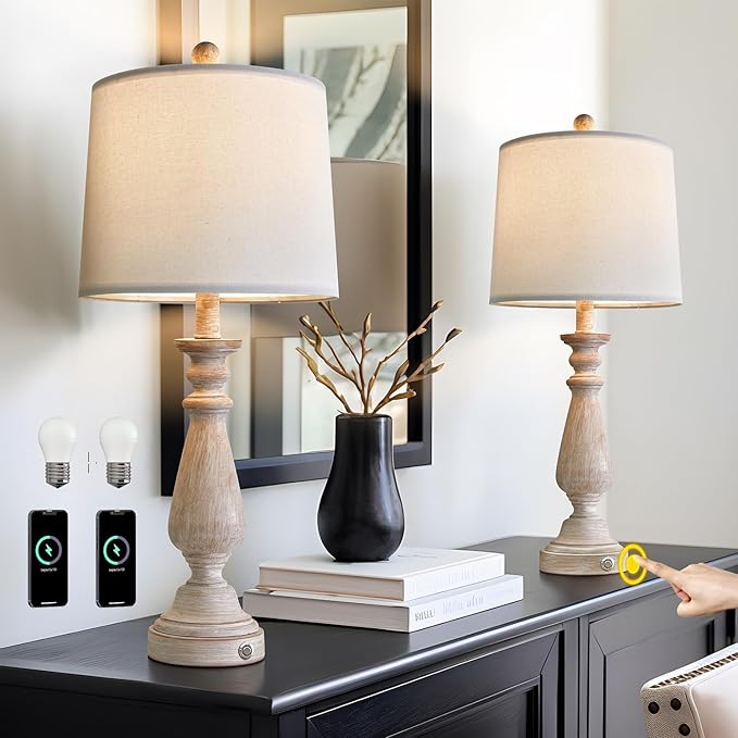 PORTRES 25.75" 3 - Way Dimmable Touch Lamps Set of 2 for Bedroom Rustic Bedside Lamp with USB A+C Charging Ports for Living room Kids Room Study Room (2 Bulbs Included) - LeafyLoom