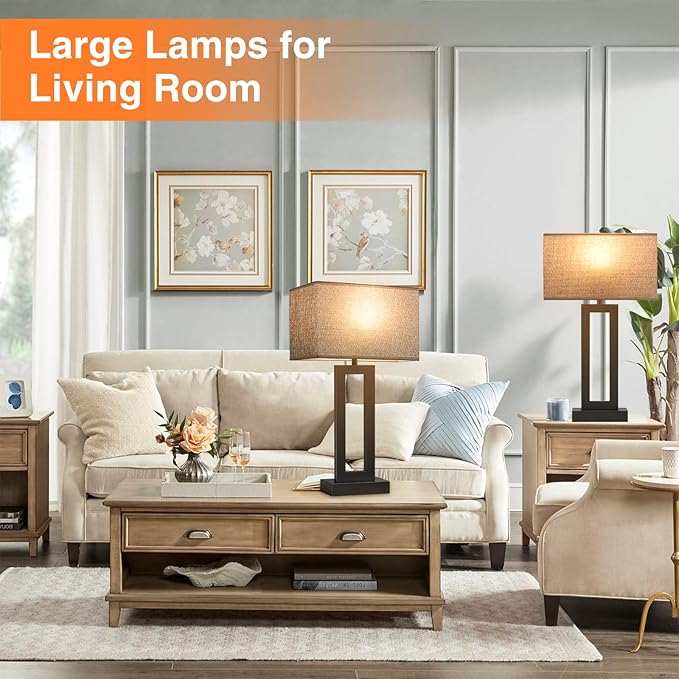 22" Tall Living Room Lamps for Night Stands - Touch Bedside Lamp with USB C+A, 3 Way Dimmable bedroom Lamps for End Tables Set of 2, Modern Night Stand Lamps for Bed Side(Grey&Black) - LeafyLoom