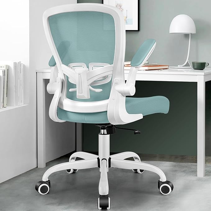 MINLOVE Office Chair Ergonomic Desk Chair with Adjustable Lumbar Support and Height, 90° Flip-up Armrests, Ergo Desk Chairs with Wheels, 360° Swivel Mesh Chair, Home Work Use (Light Blue) - LeafyLoom