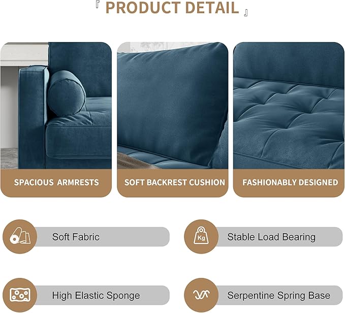 Velvet Furniture for Small Spaces, Mid-Century Modern Loveseats for Living Room, Love Seat Couch Sofas, 70 Inches, Prussian Blue - LeafyLoom