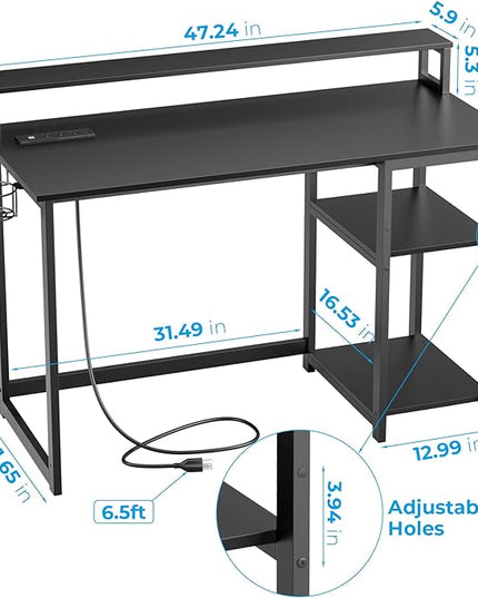GreenForest Computer Desk with USB Charging Port and Power Outlet, Reversible Home Office Desk with Monitor Stand Storage Shelves for Small Space,47 in Work Desk with Cup Holder Hook,Black - LeafyLoom