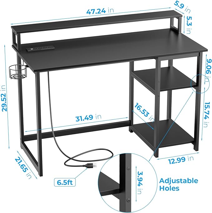 GreenForest Computer Desk with USB Charging Port and Power Outlet, Reversible Home Office Desk with Monitor Stand Storage Shelves for Small Space,47 in Work Desk with Cup Holder Hook,Black - LeafyLoom